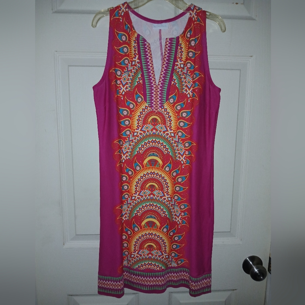 New York & Company Vibrant Pink Sleeveless Dress with Colorful Pattern Sz Med